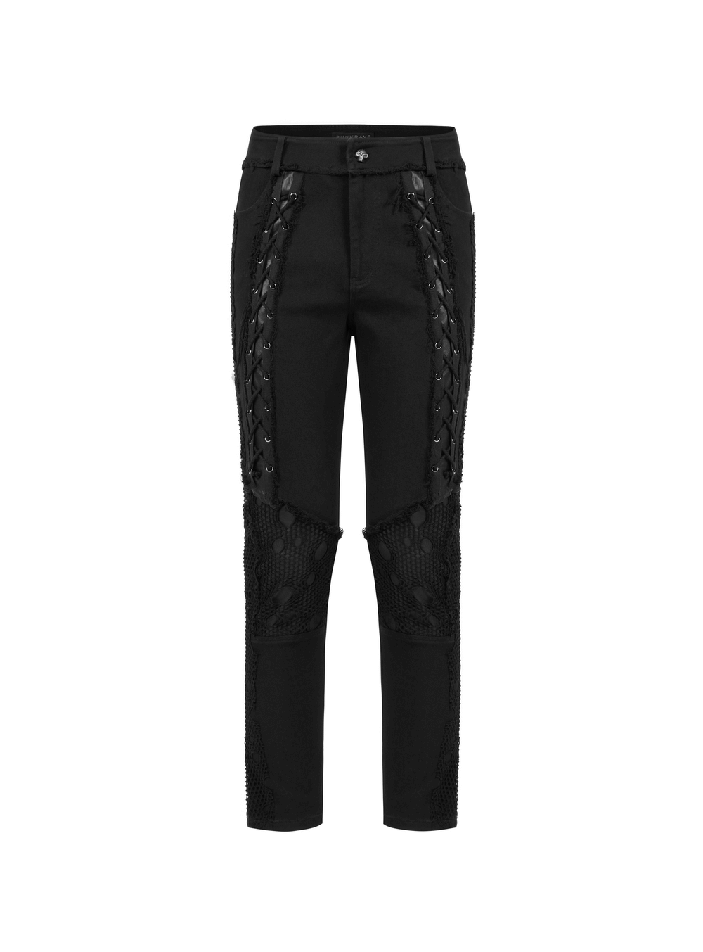 Edgy Black Mesh Panel Lace-Up Gothic Punk Trousers
