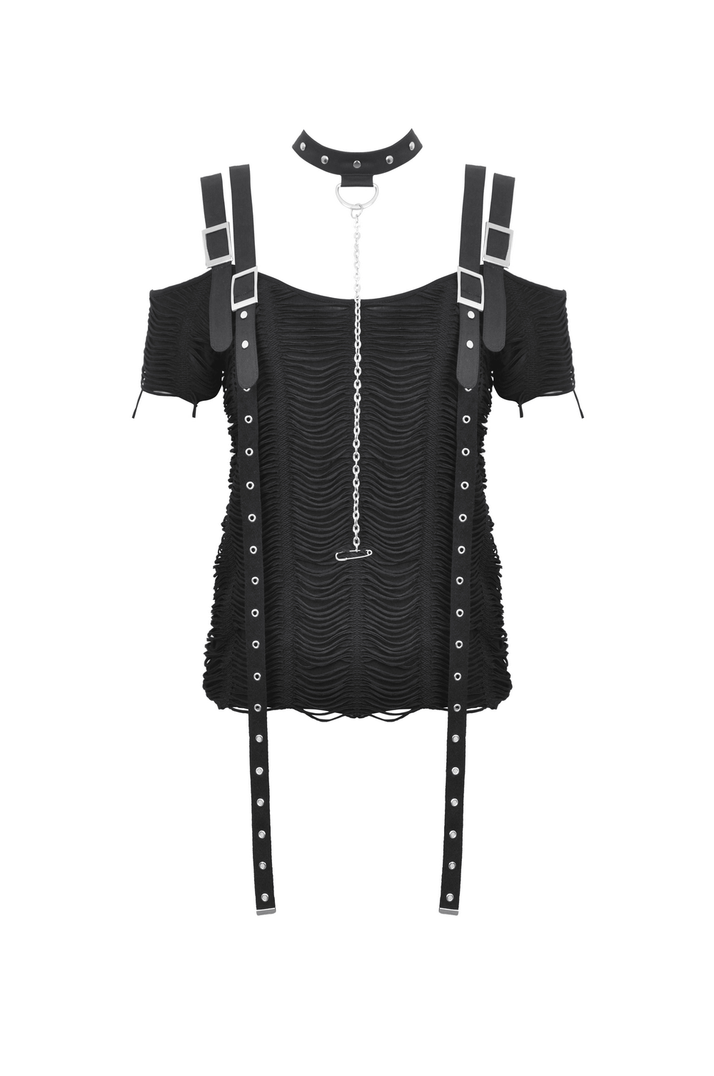 Edgy black off-shoulder punk top with choker neckline and metal accents, ideal for a rebellious look.