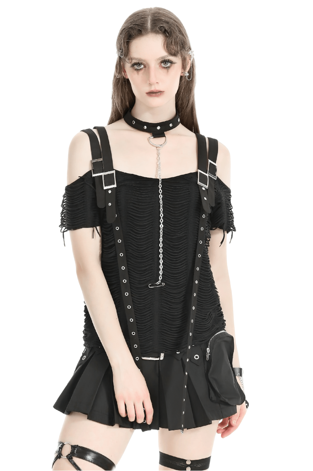 Edgy black off-shoulder punk top with choker and metal details, perfect for a bold gothic look.