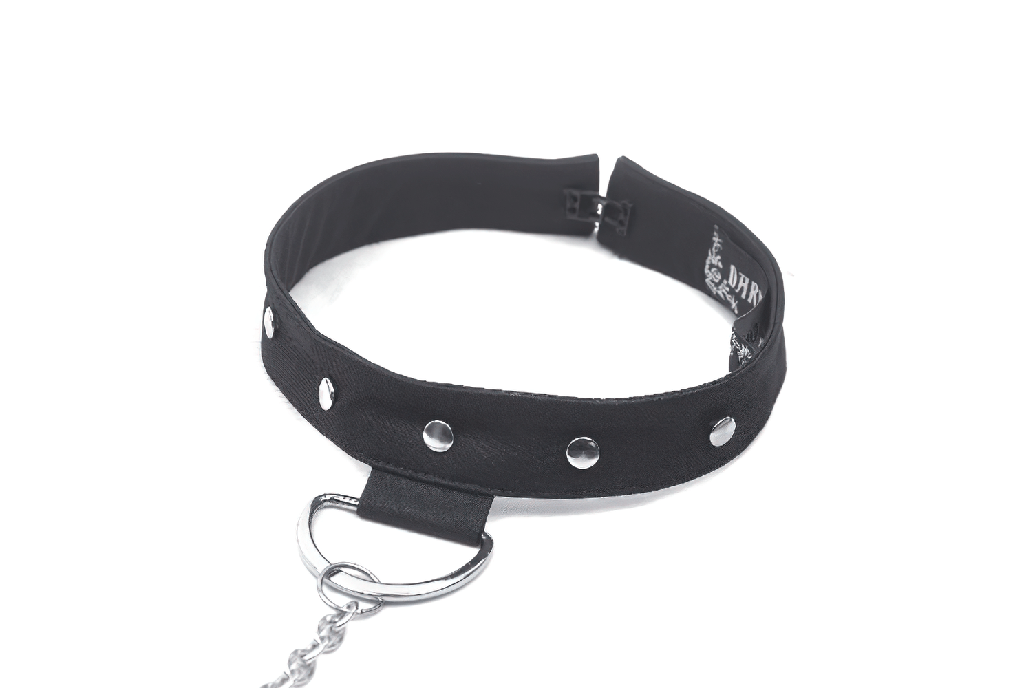 Edgy black choker collar with metal studs and chain detail for punk-inspired outfits.