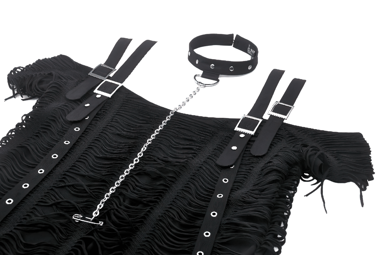 Edgy black off-shoulder punk top with choker neckline and metal details, perfect for a bold and rebellious look.