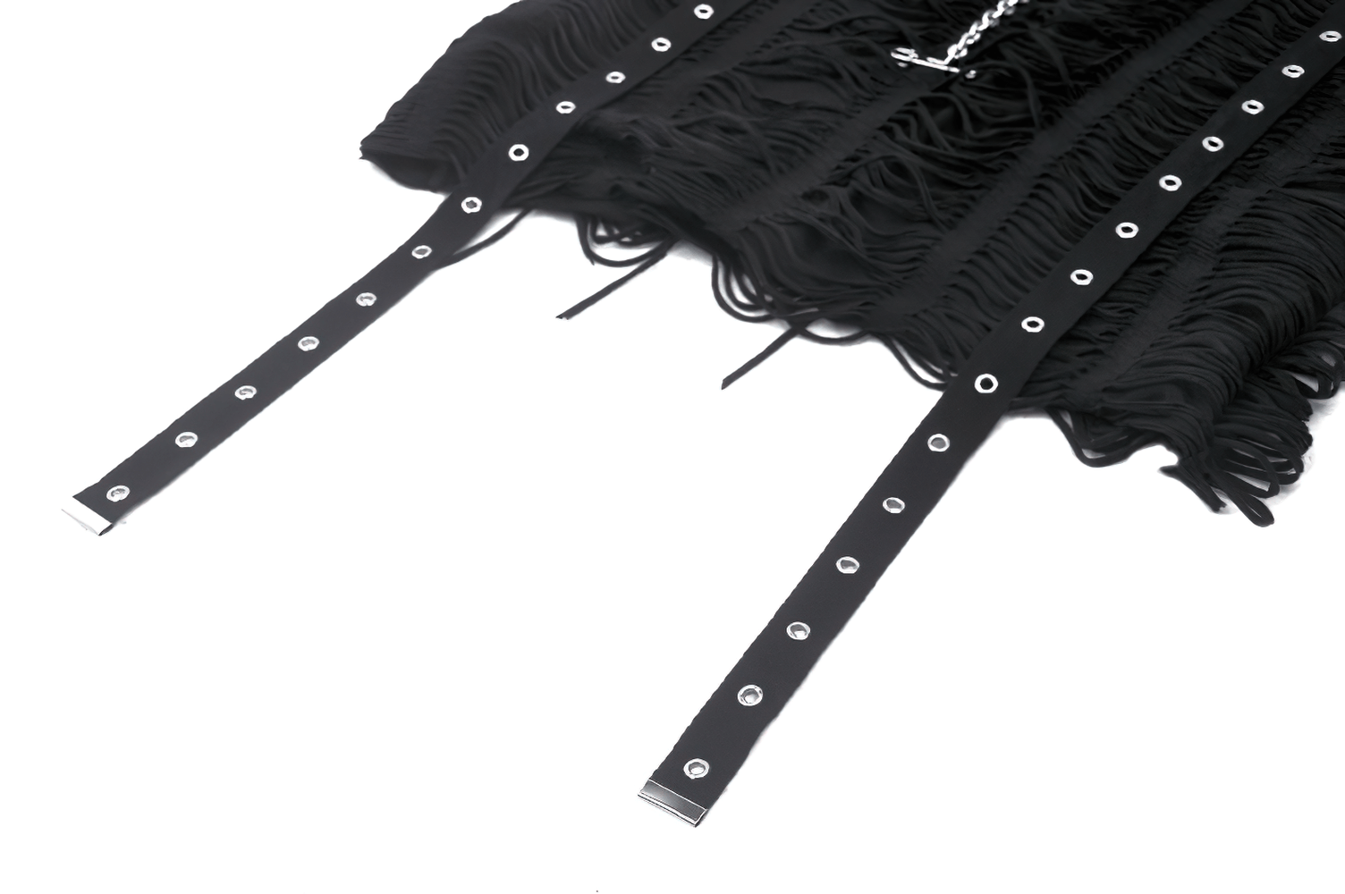 Close-up of black off-shoulder punk top featuring metal details and unique straps for an edgy look.