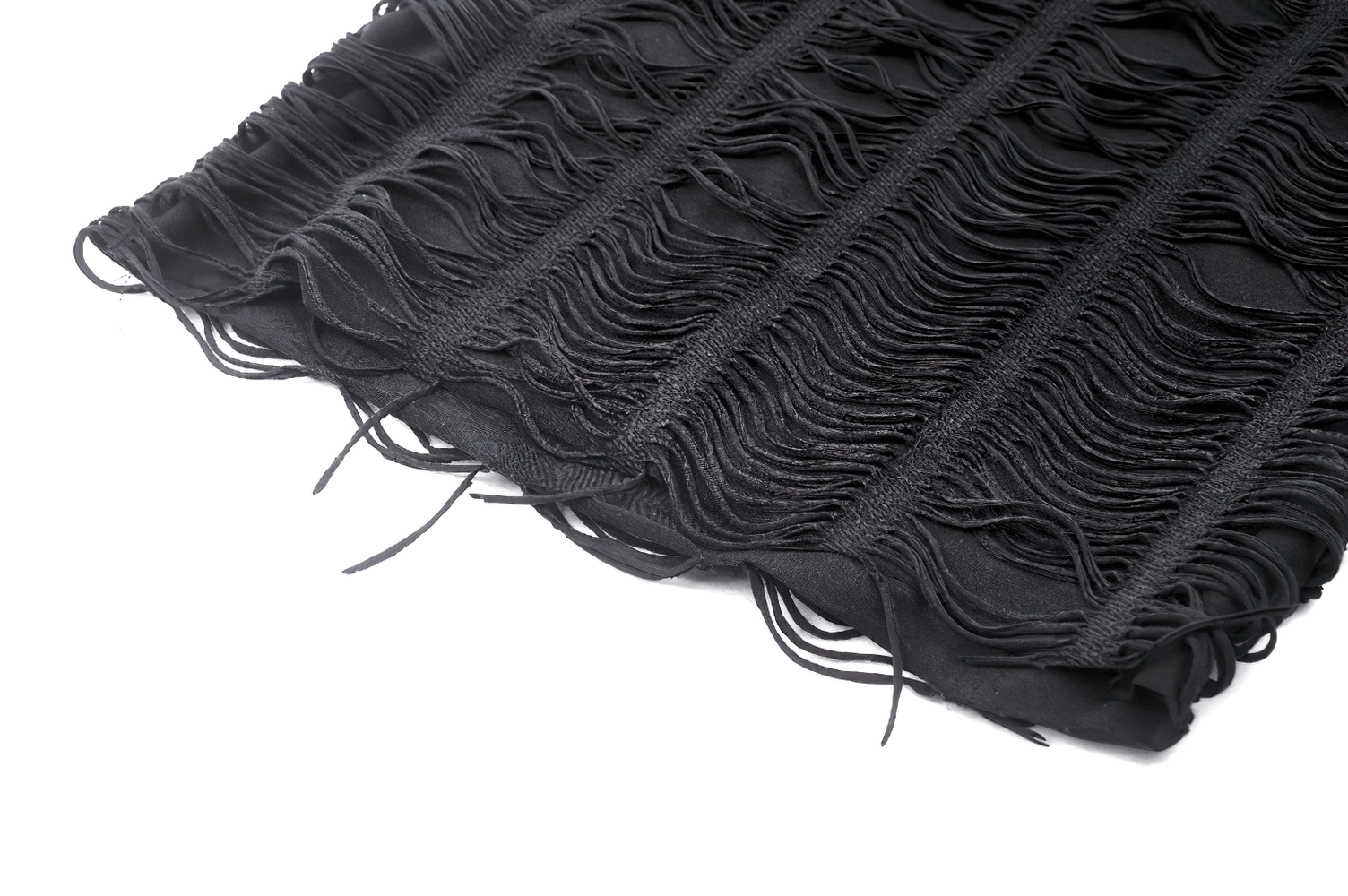 Close-up of a black textured fabric with fringed details, perfect for edgy fashion designs like punk tops.