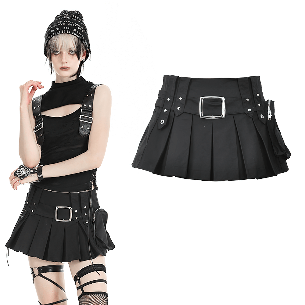 Edgy Black Pleated Skirt with Buckle Detail and Zip