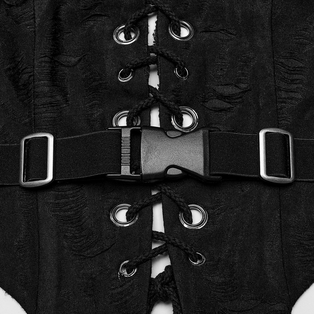 Close-up of edgy black punk halter crop top with lace-up front and adjustable buckle closure.