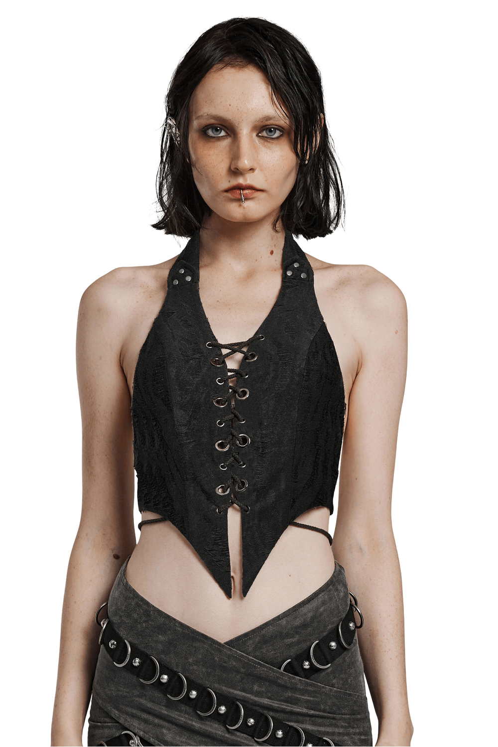 Edgy Black Punk Halter Crop Top with Lace Up Front