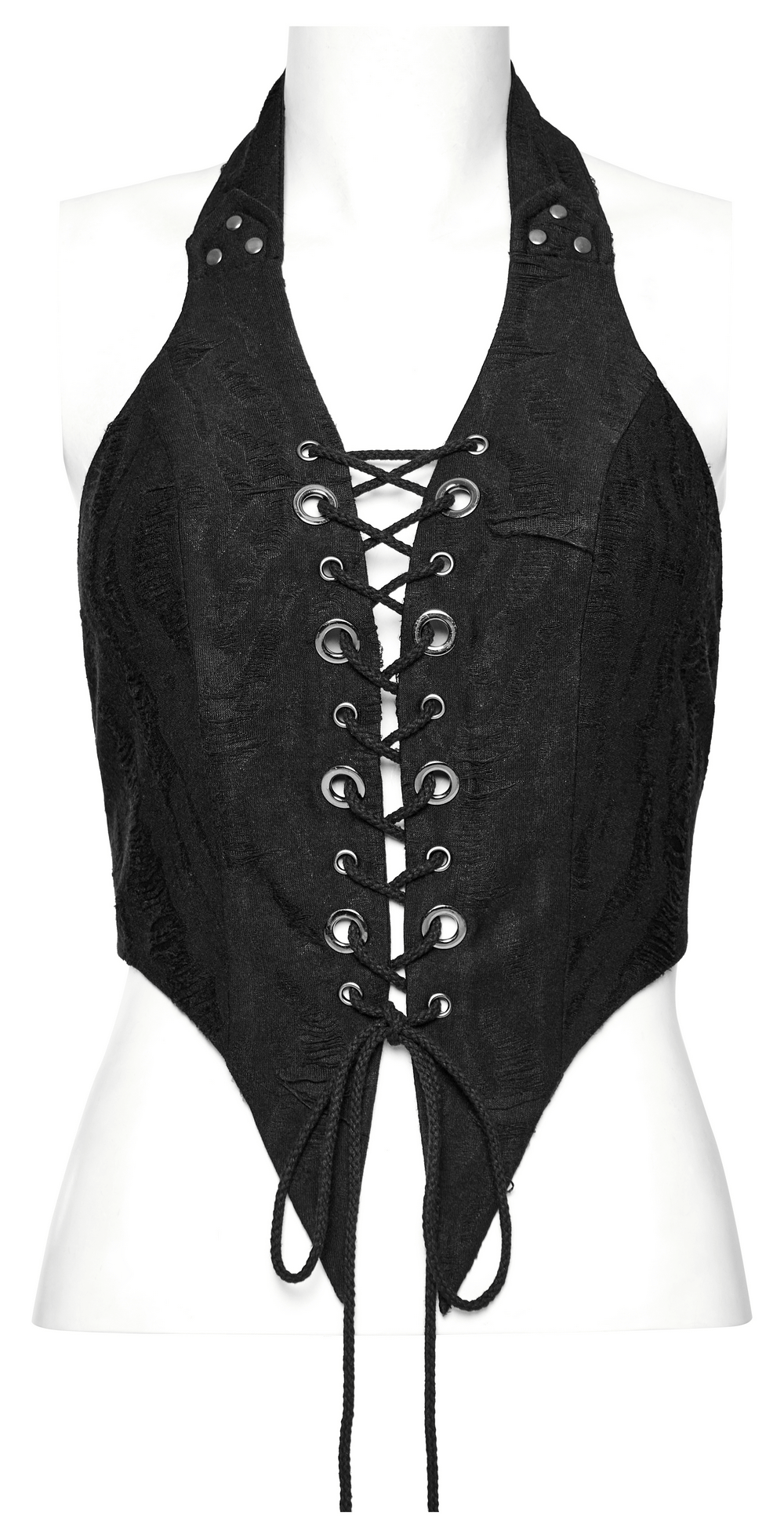 Edgy Black Punk Halter Crop Top with Lace Up Front