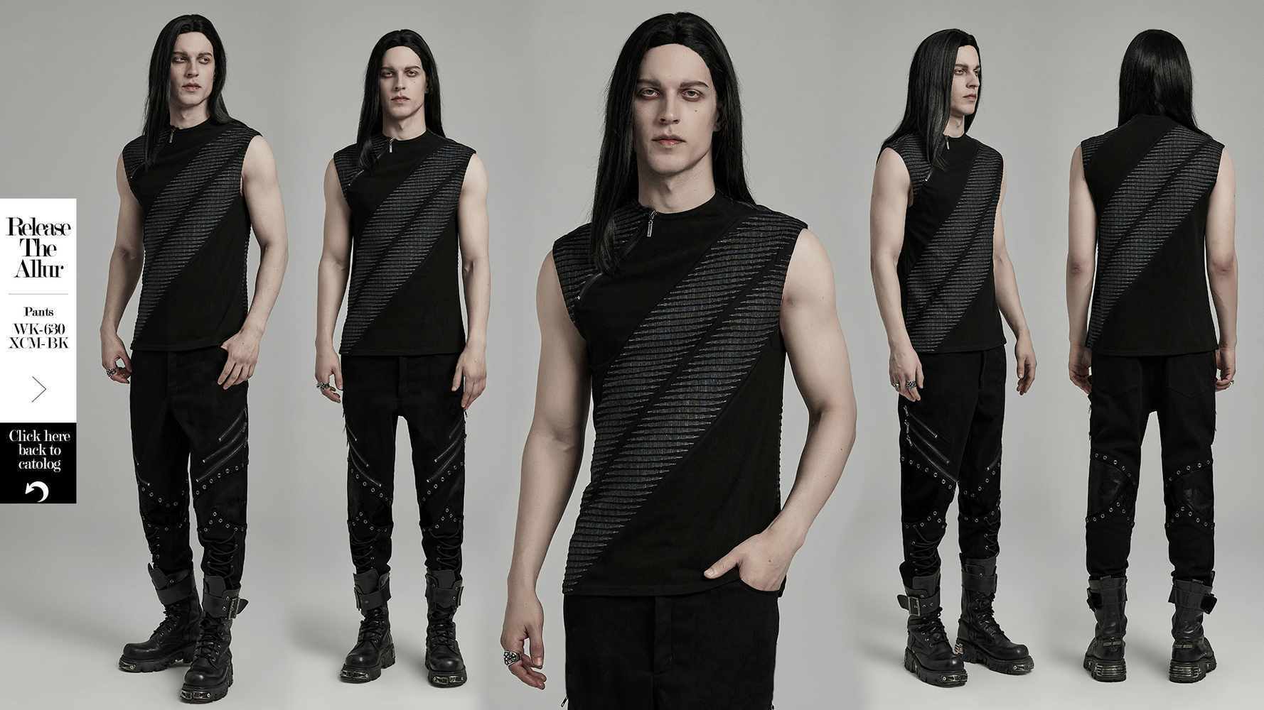 Edgy black spliced top with 3D jacquard design showcased by male model from multiple angles.