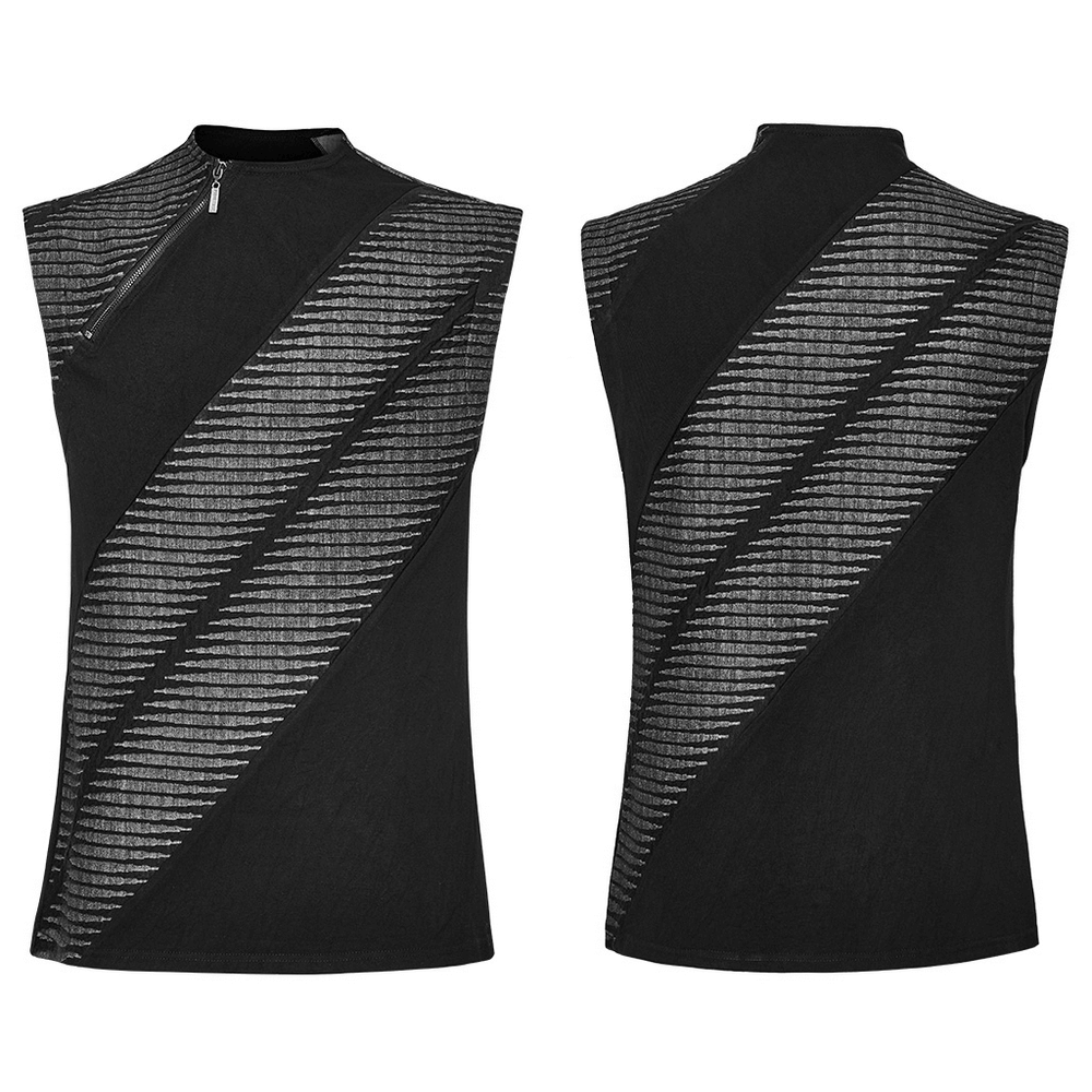 Edgy black sleeveless top with 3D jacquard design and front zipper for a rebellious look.