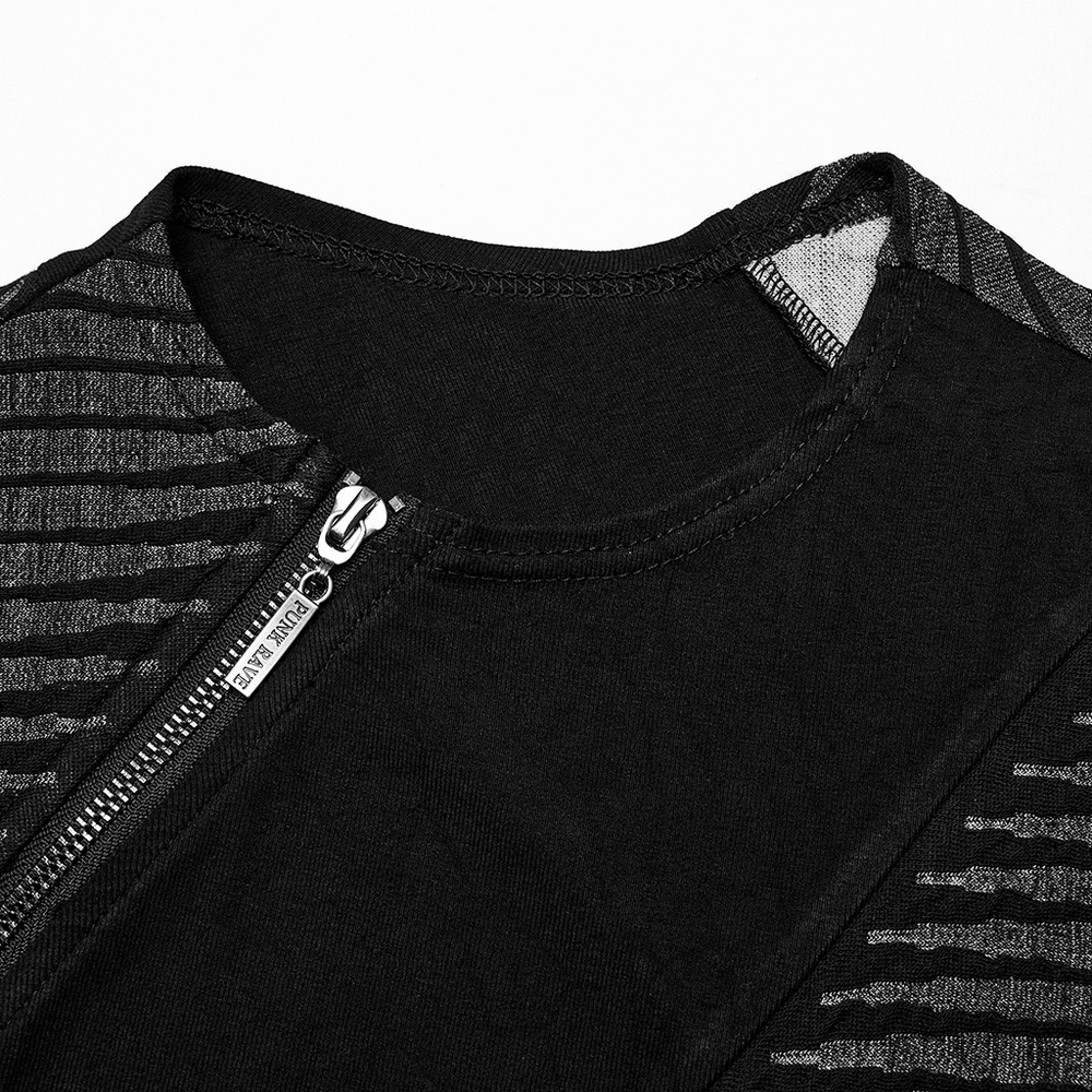 Edgy black top with zipper and 3D jacquard design, highlighting unique spliced fabric detail.