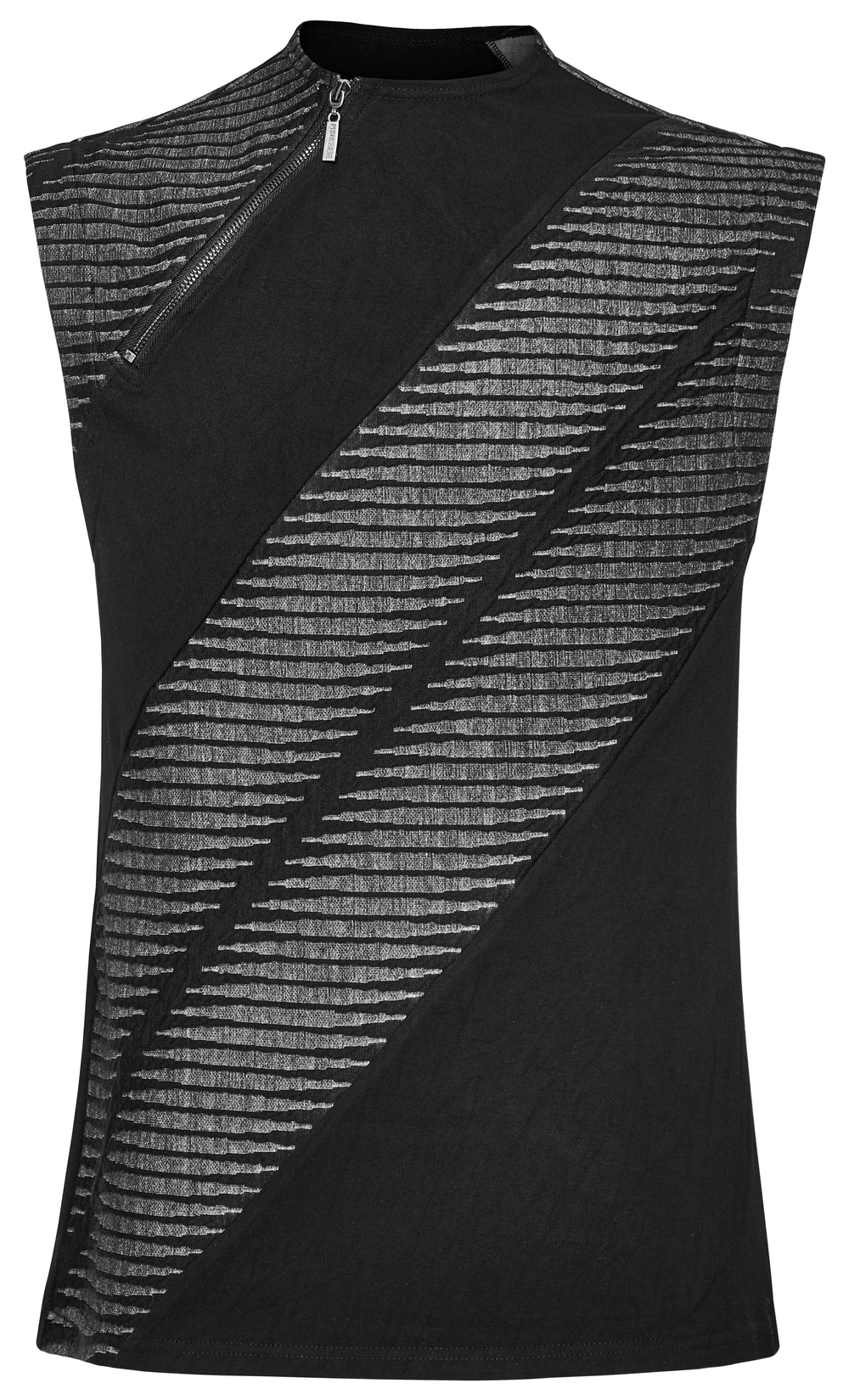 Edgy black spliced top featuring 3D jacquard design and front zipper for a rebellious style.