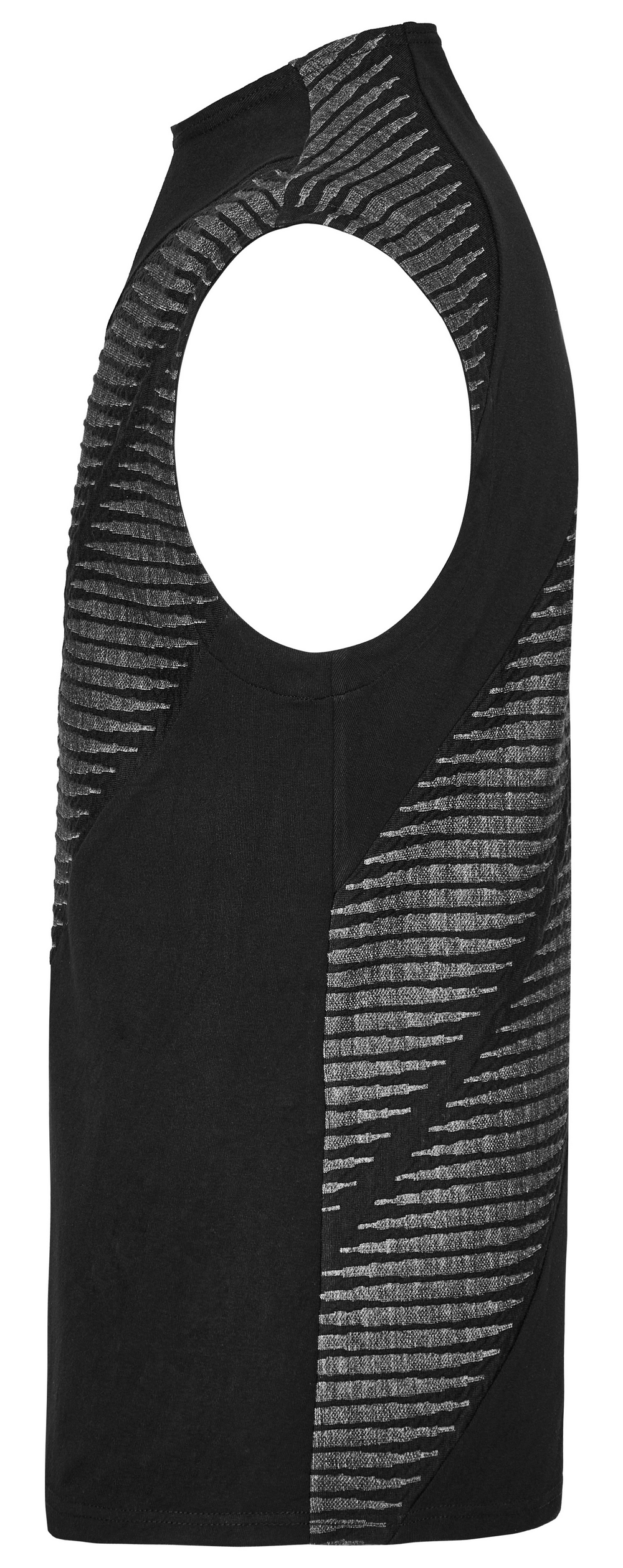 Edgy black spliced sleeveless top with 3D jacquard design and unique zipper detail, perfect for a rebellious look.