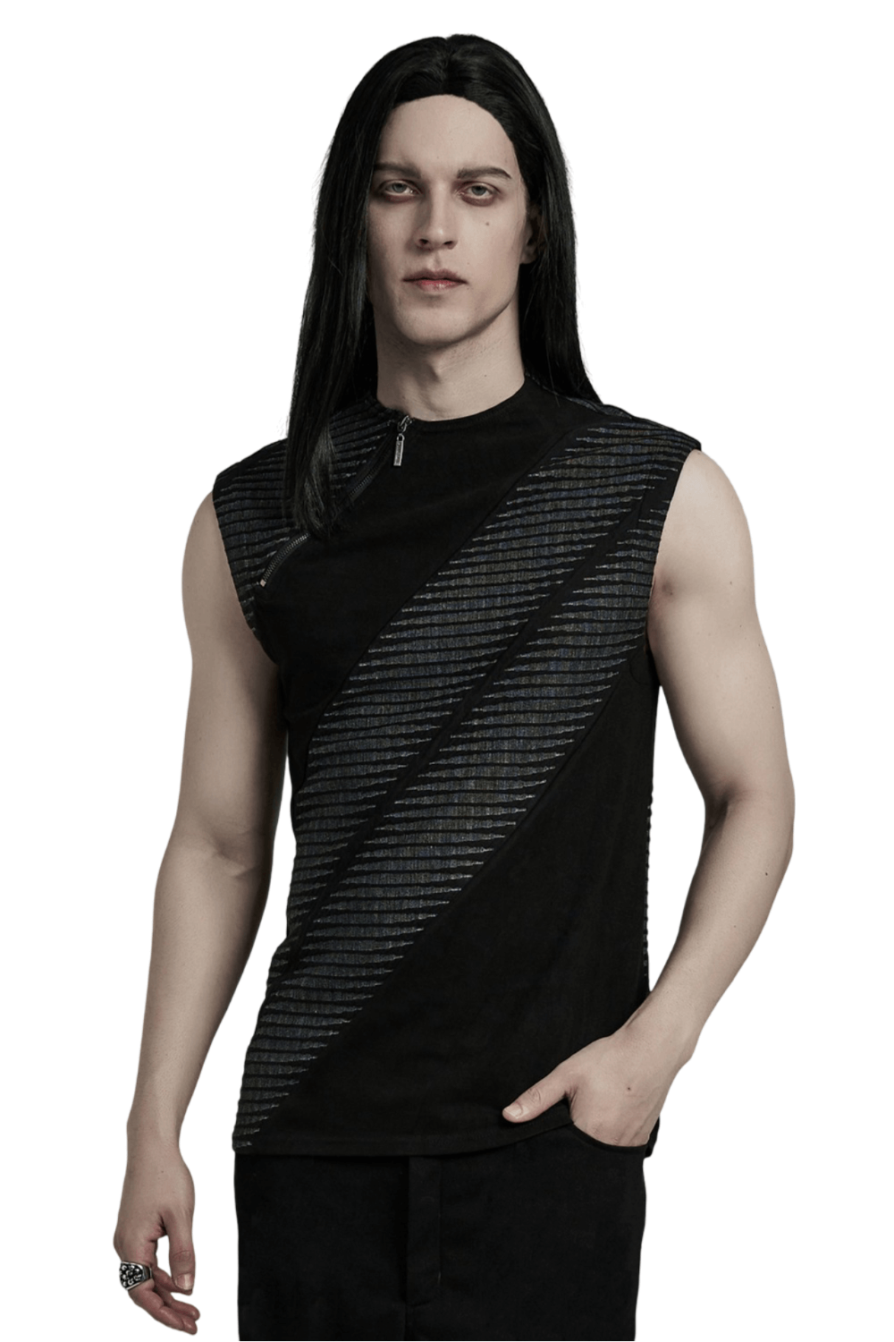 Edgy Black Spliced Top with 3D Jacquard Design