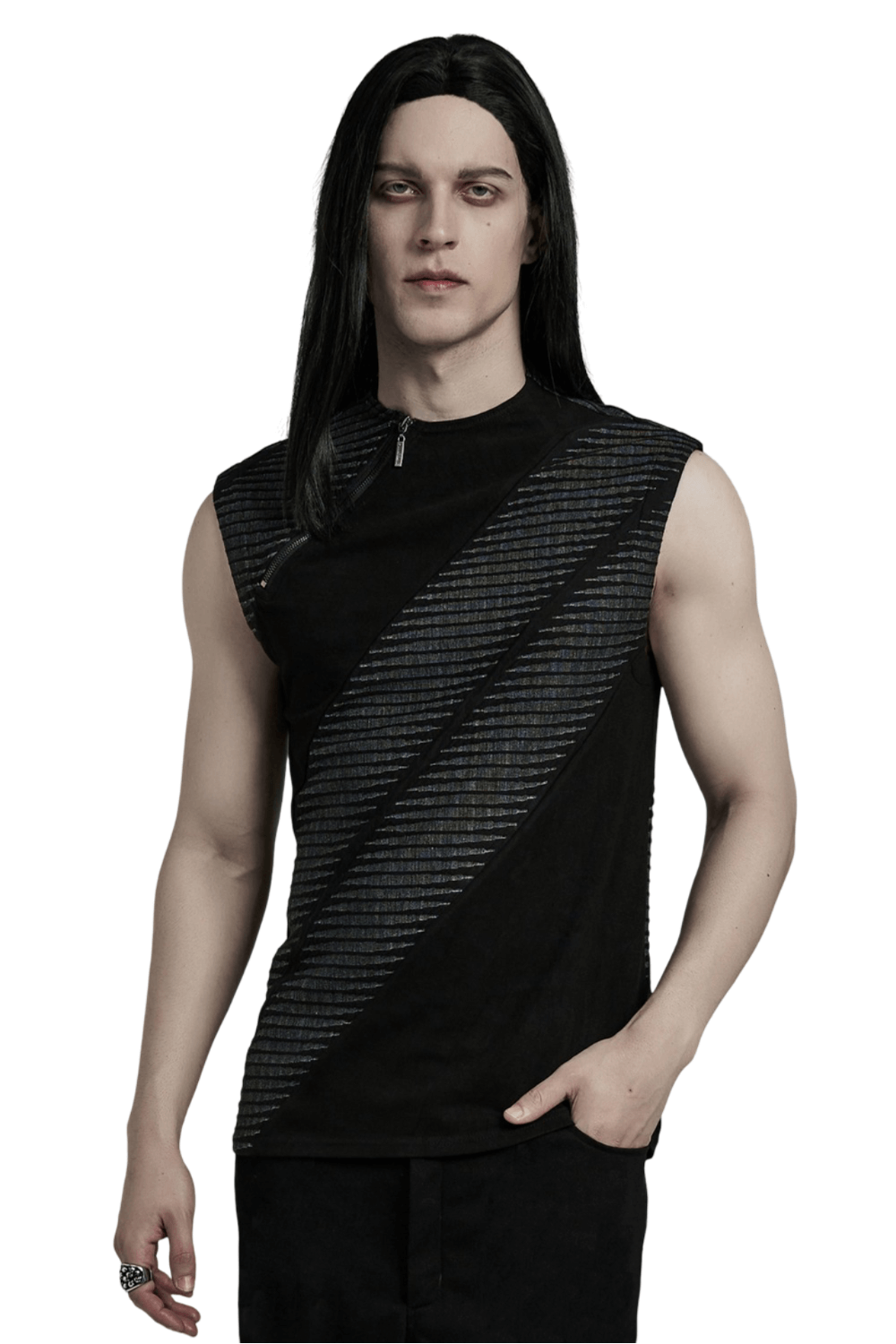Edgy black spliced top with 3D jacquard design and front zipper, perfect for rebellious style.