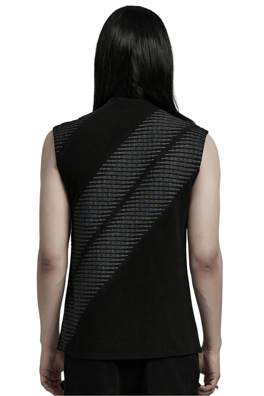 Back view of edgy black sleeveless top featuring 3D jacquard design and spliced pattern for a rebellious style.