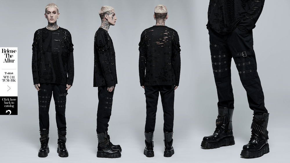 Edgy black strap cargo pants showcased in a punk goth streetwear style, emphasizing avant-garde design and comfort.