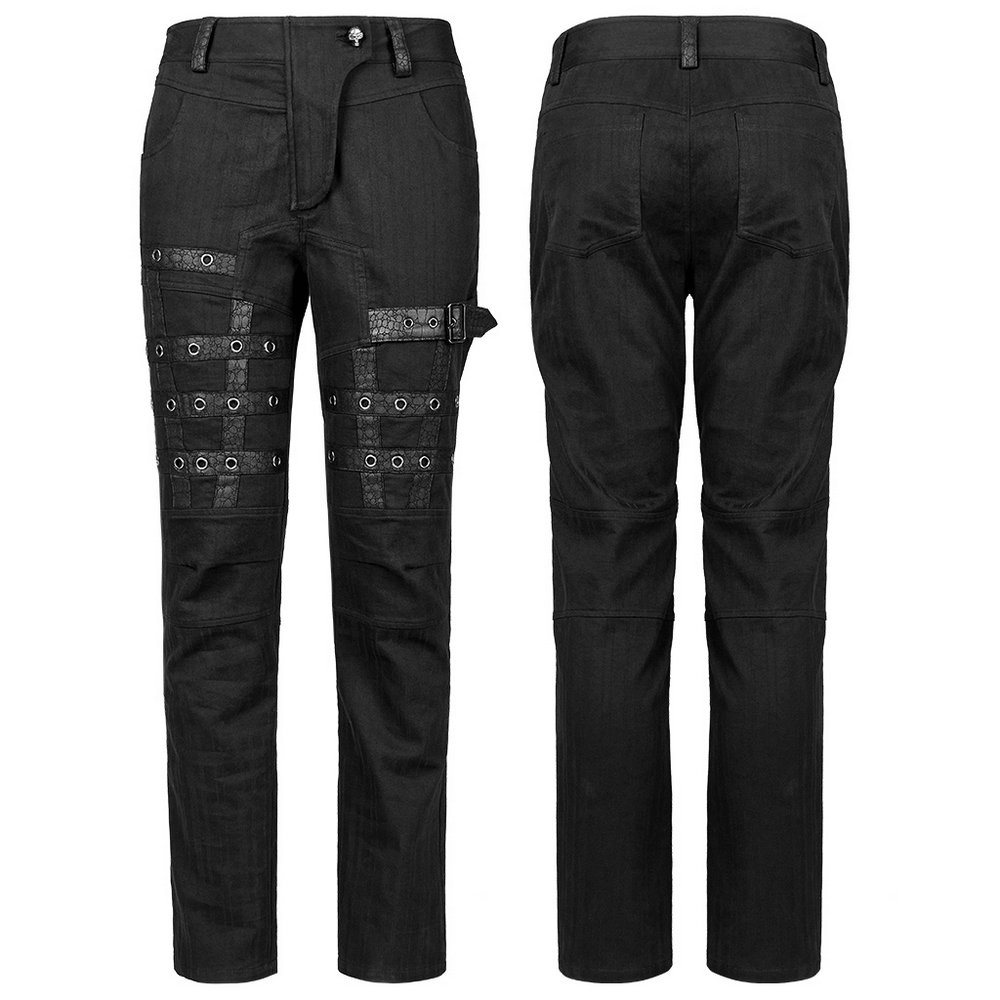 Edgy black strap cargo pants with avant-garde thigh decorations, ideal for punk goth streetwear lovers.
