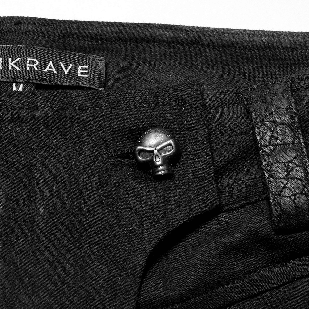 Close-up of black cargo pants with punk skull decoration from Punkrave, showcasing edgy streetwear style.