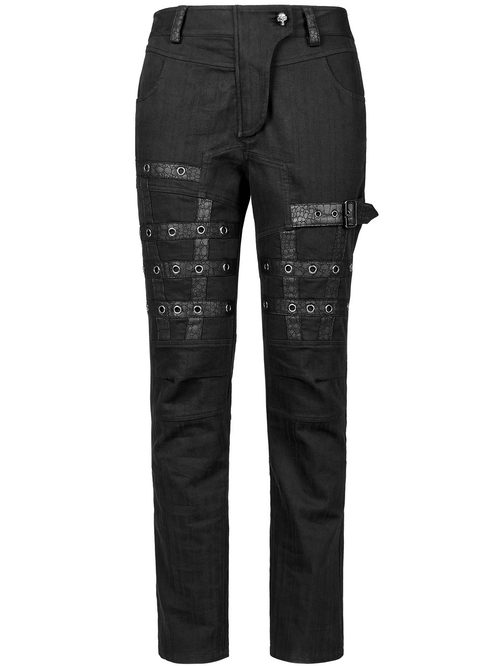 Edgy black strap cargo pants with decorative thigh details for a punk goth streetwear look.