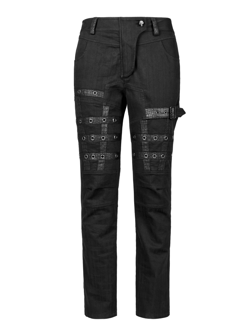 Edgy black strap cargo pants with unique decorations, ideal for punk goth streetwear style.