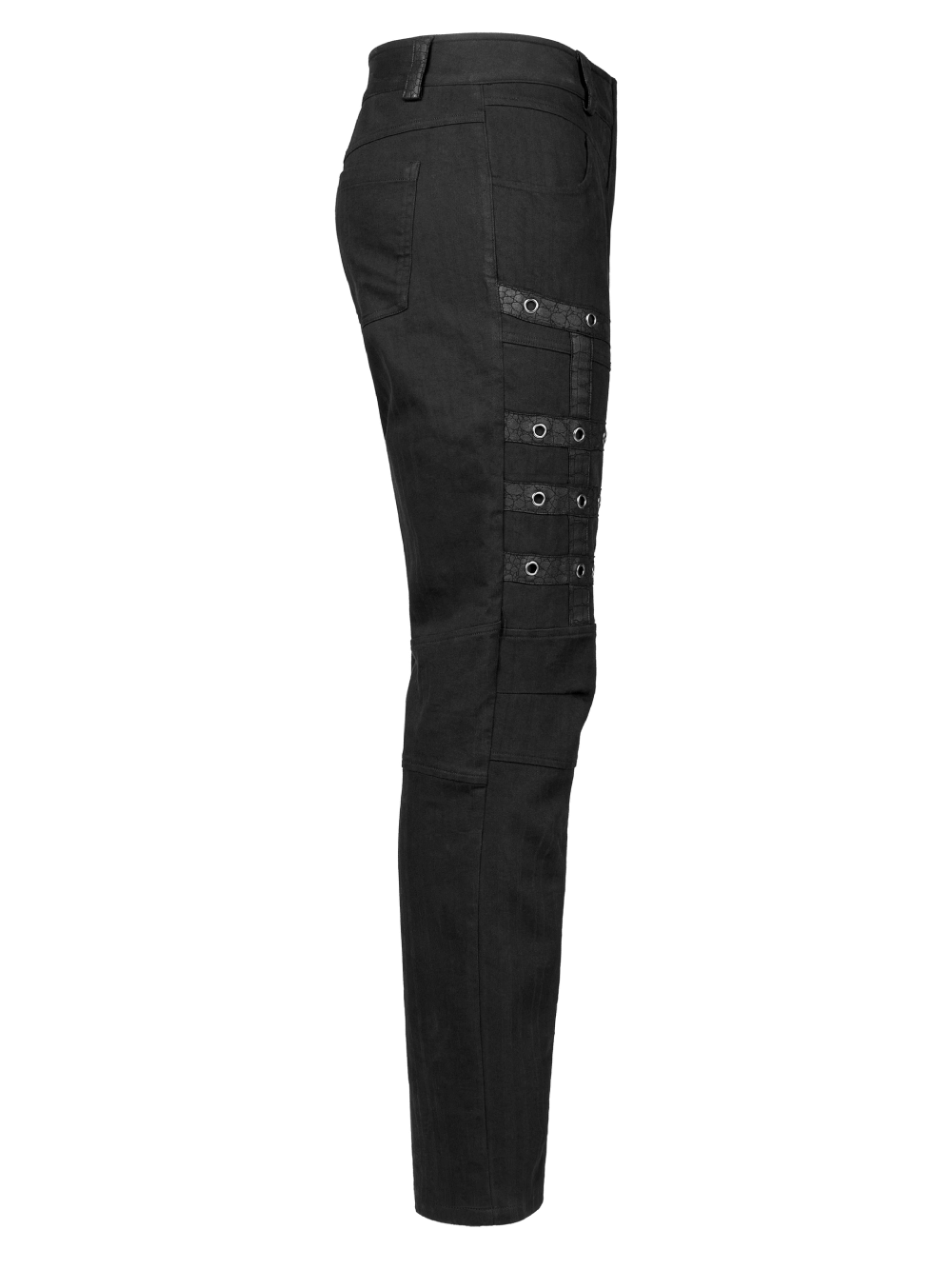 Edgy black strap cargo pants with avant-garde decorations, perfect for punk goth streetwear enthusiasts.