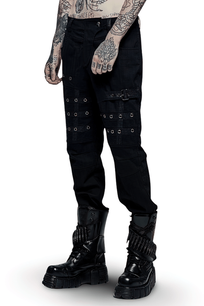 Edgy black strap cargo pants featuring avant-garde decorations, perfect for punk goth streetwear style.