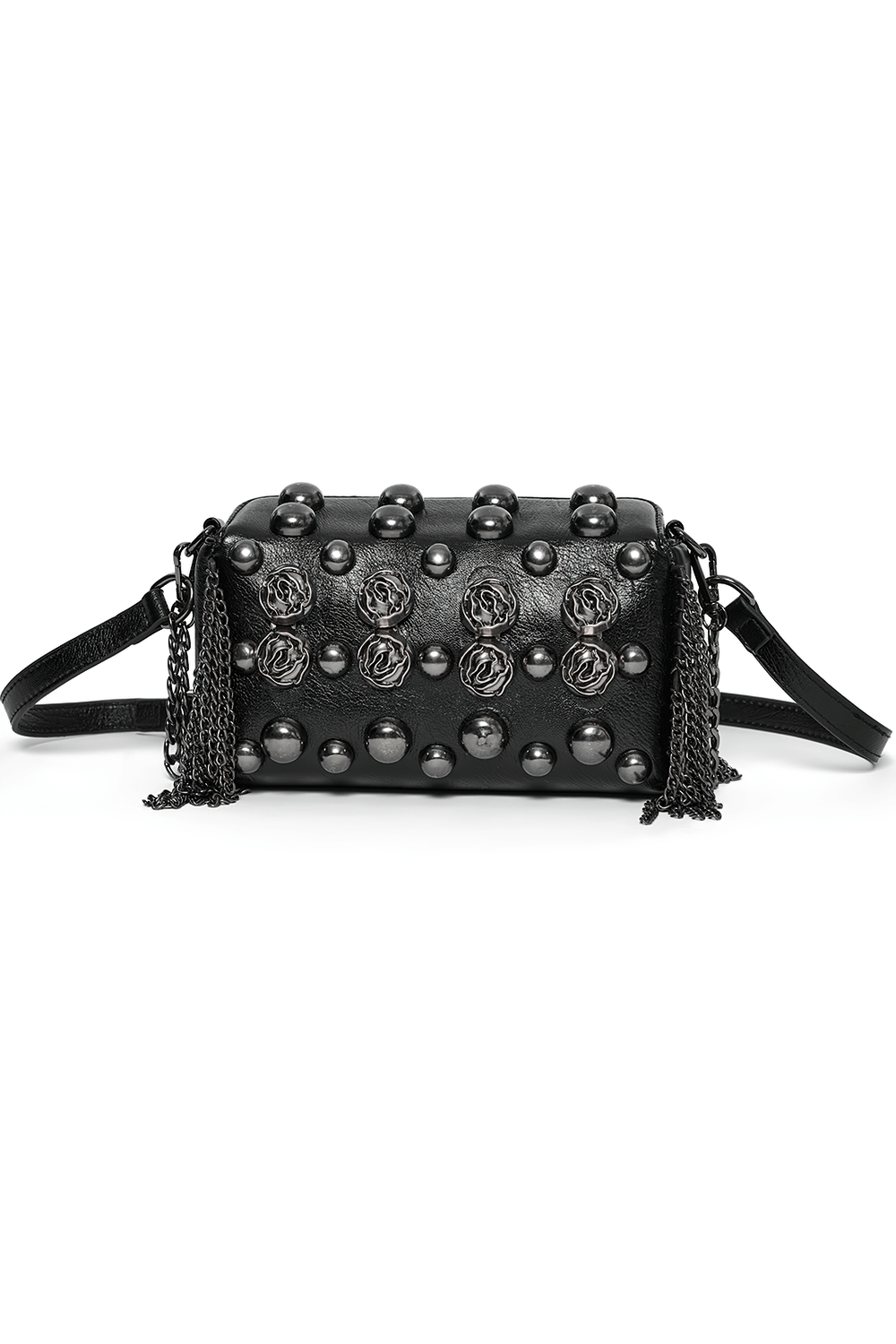 Edgy black studded crossbody bag with gothic rose rivets and chain tassels, perfect for bold fashion statements.