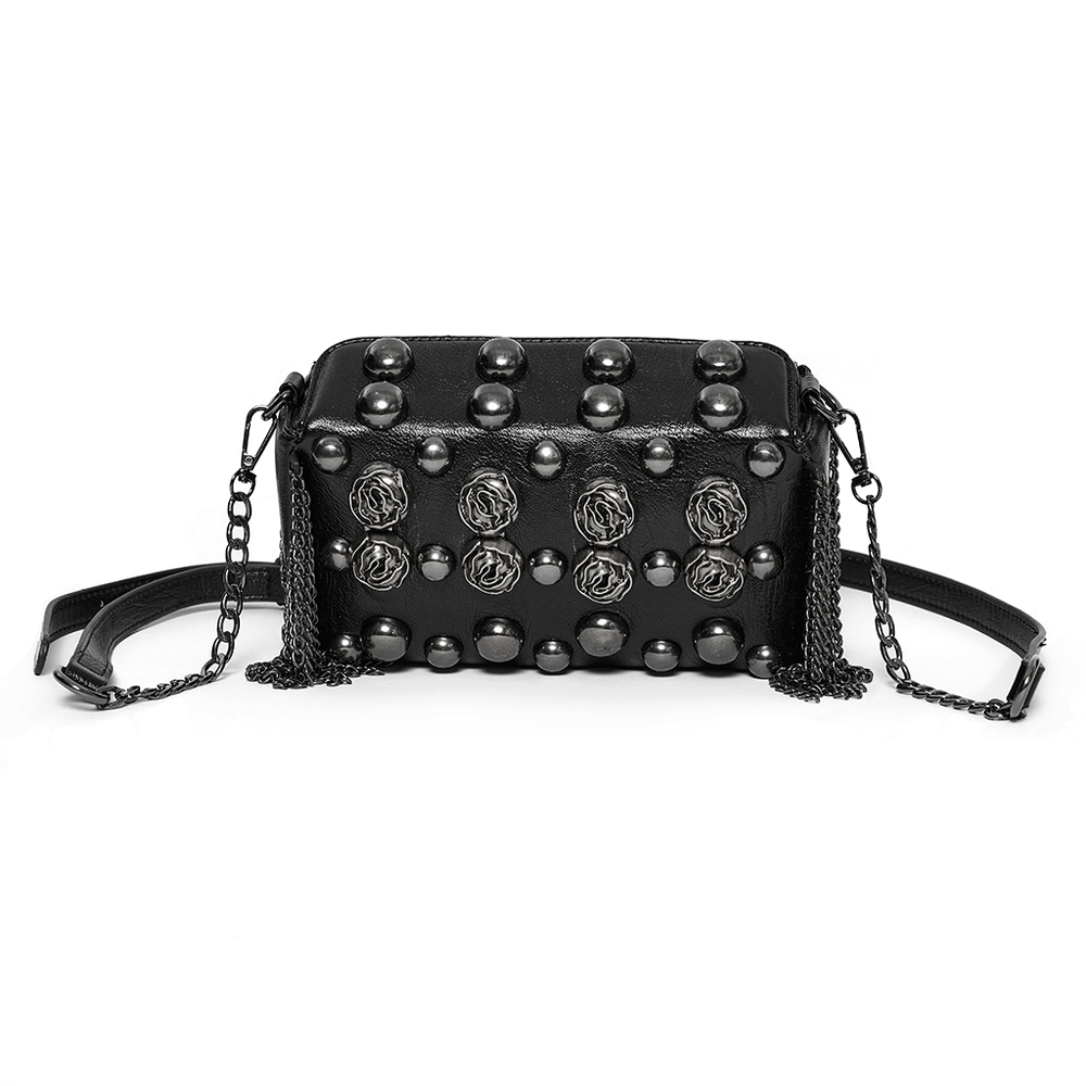 Edgy black crossbody bag with gothic rose rivets, metal studs, and chain tassels for a bold fashion statement.