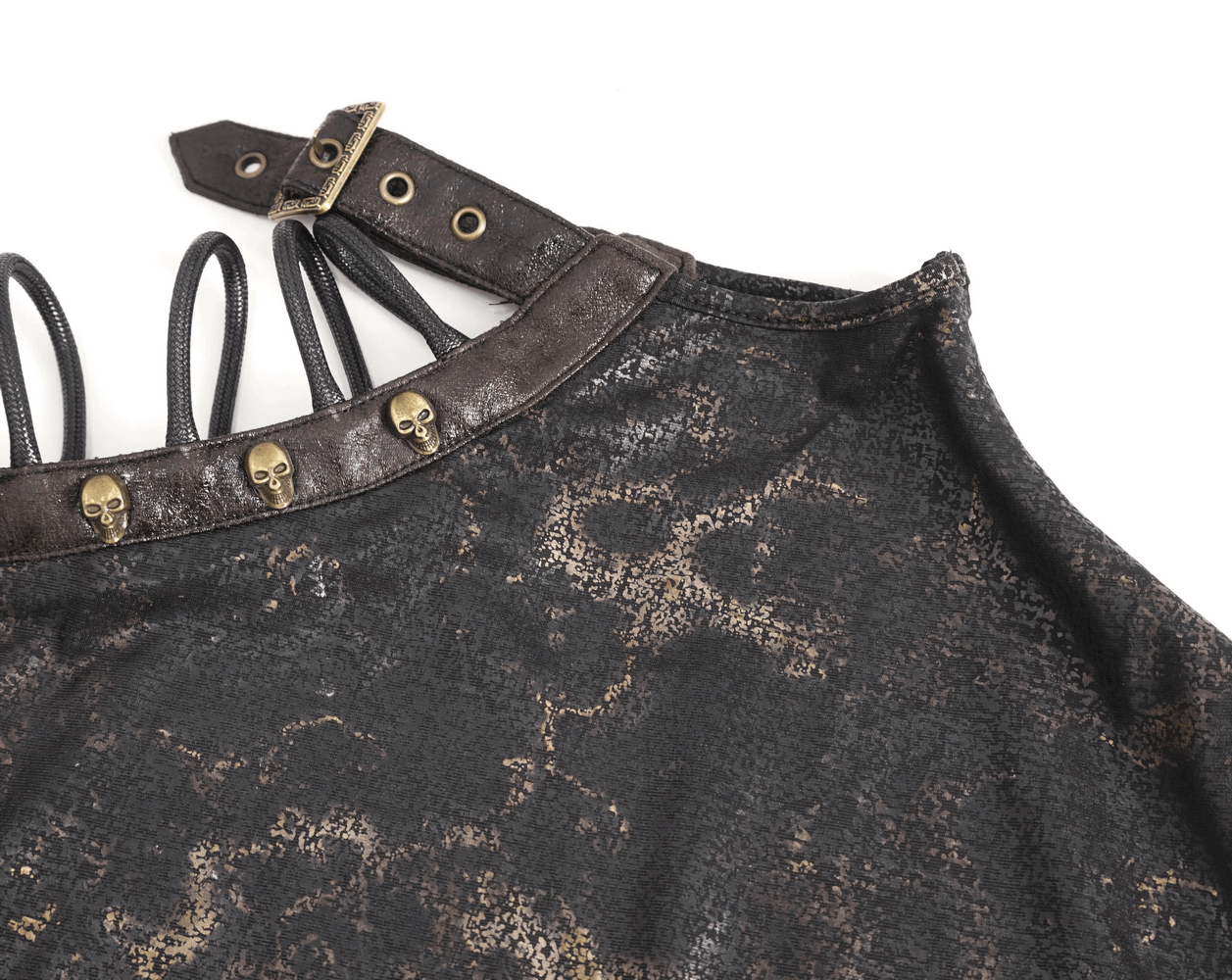 Edgy black t-shirt with skull accents and unique strap design, perfect for a bold fashion statement.