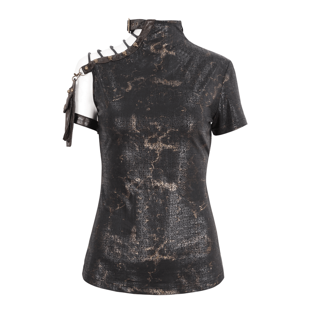 Edgy black t-shirt with gold metallic accents and shoulder pocket, perfect for stylish outings.