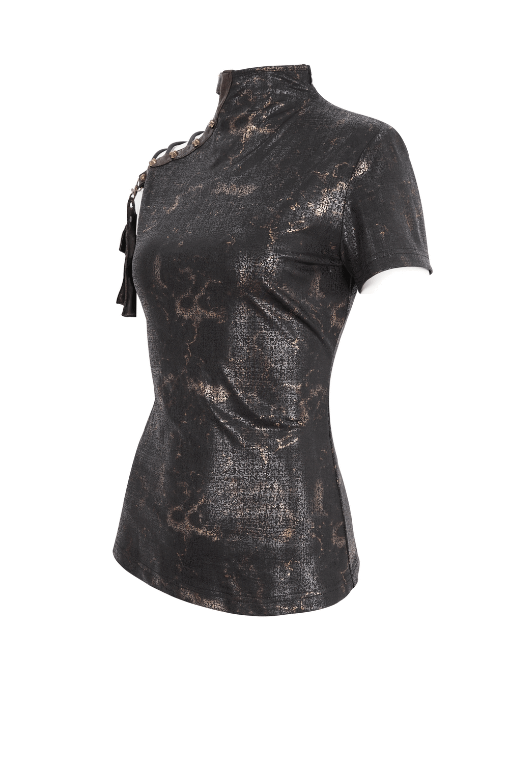 Edgy black t-shirt with gold metallic print and shoulder pocket, perfect for a stylish night out.
