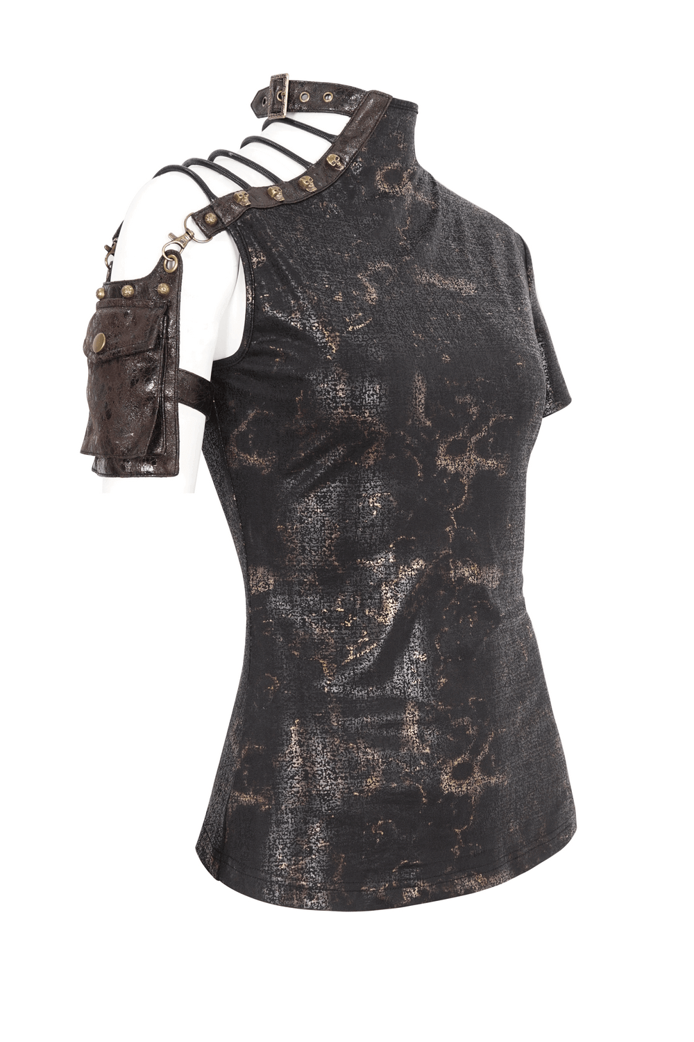 Stylish edgy black t-shirt with gold detailing and shoulder pocket, perfect for a bold fashion statement.