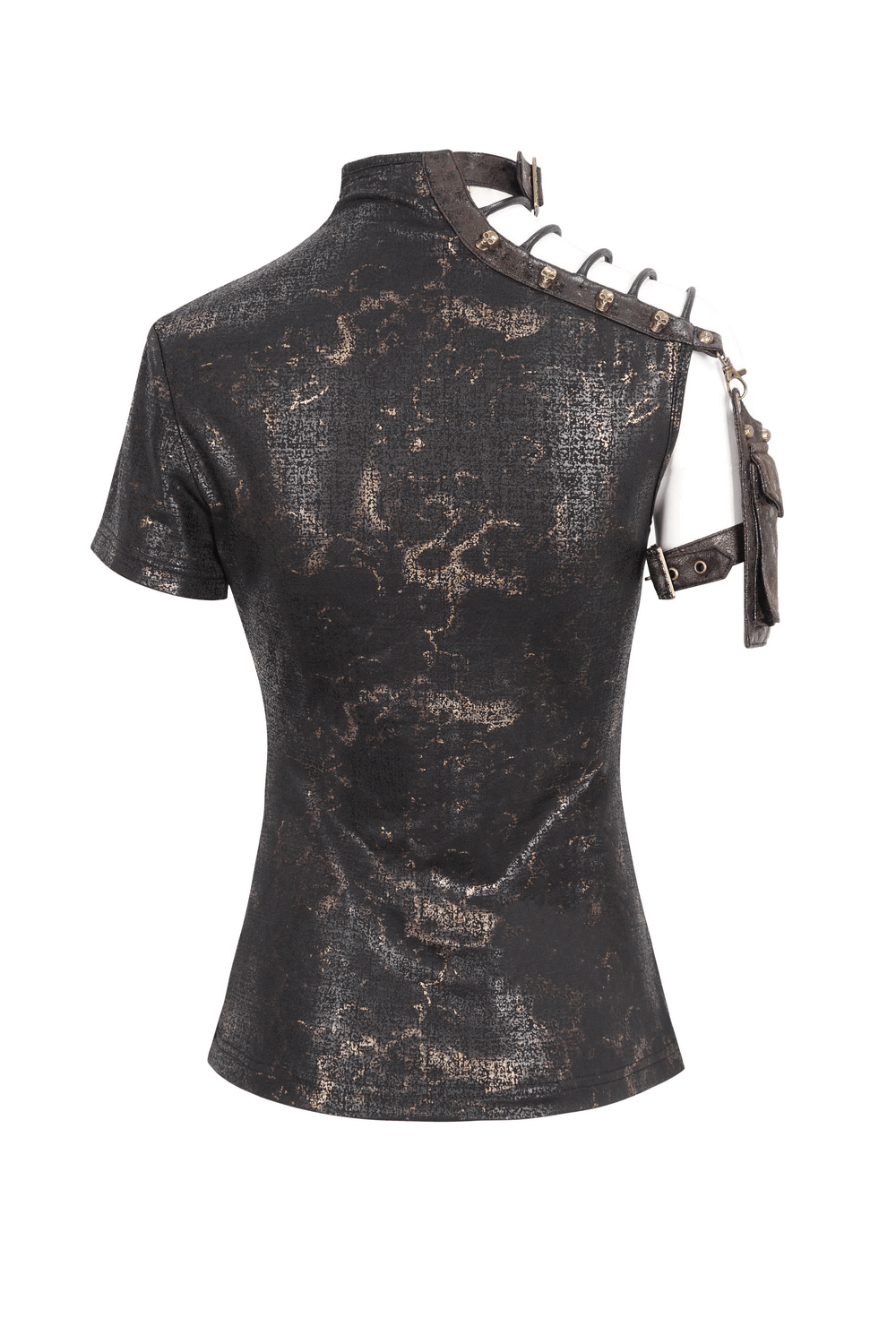 Edgy black t-shirt with unique gold print and stylish pocket featuring shoulder buckle detail.