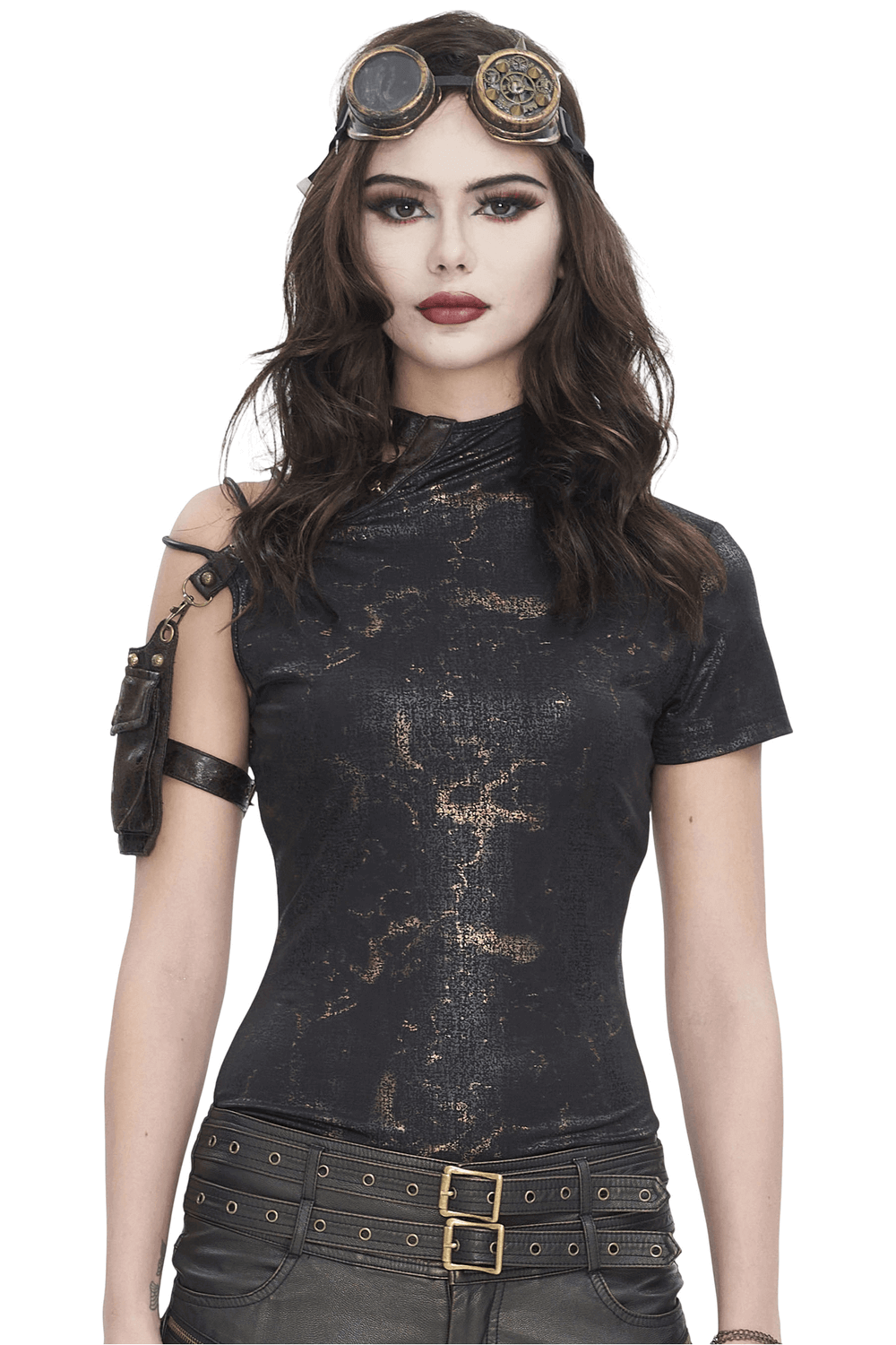 Edgy Black T-shirt with Gold Print and Pocket on Shoulder