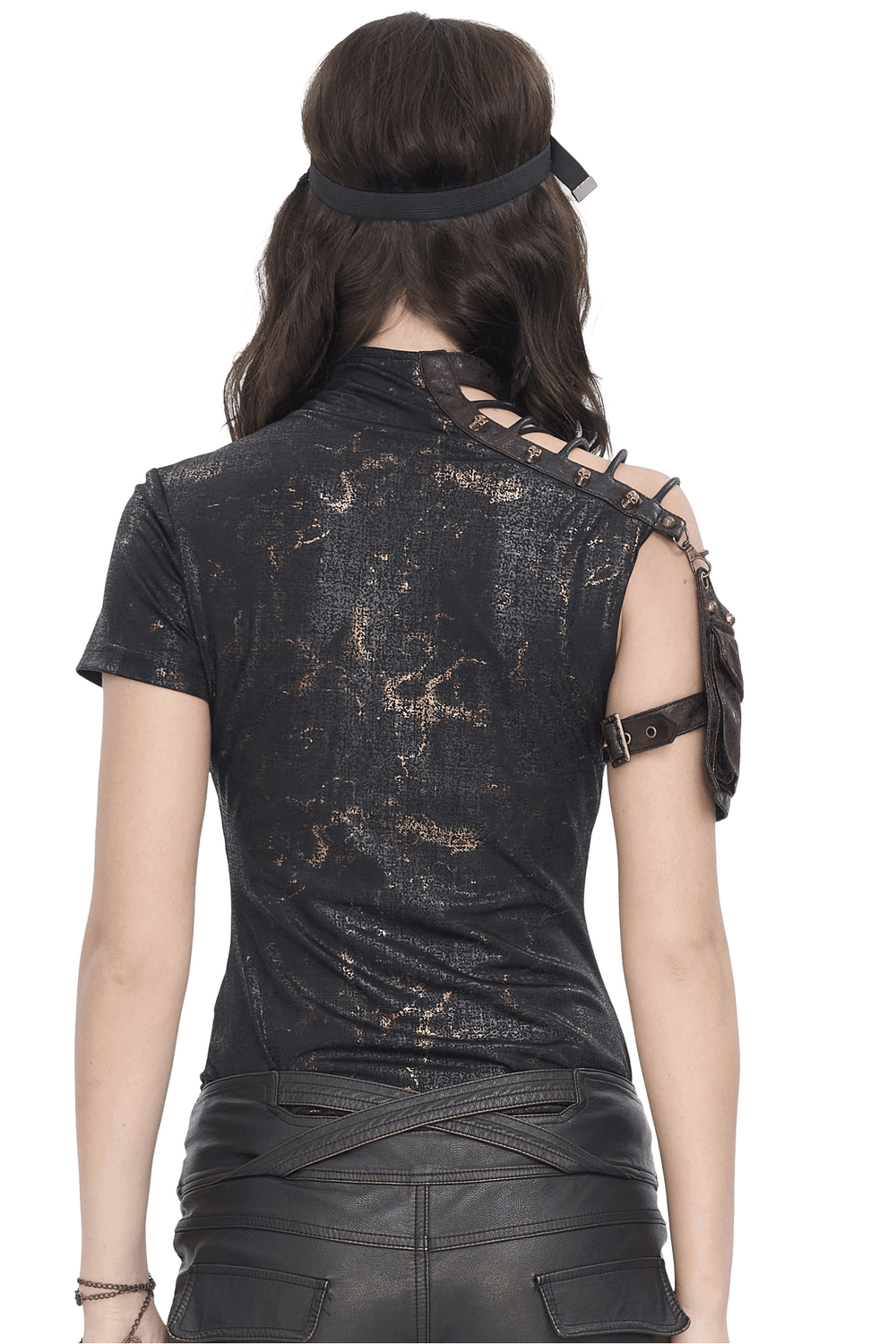 Back view of edgy black t-shirt with gold metallic print and shoulder pocket detail