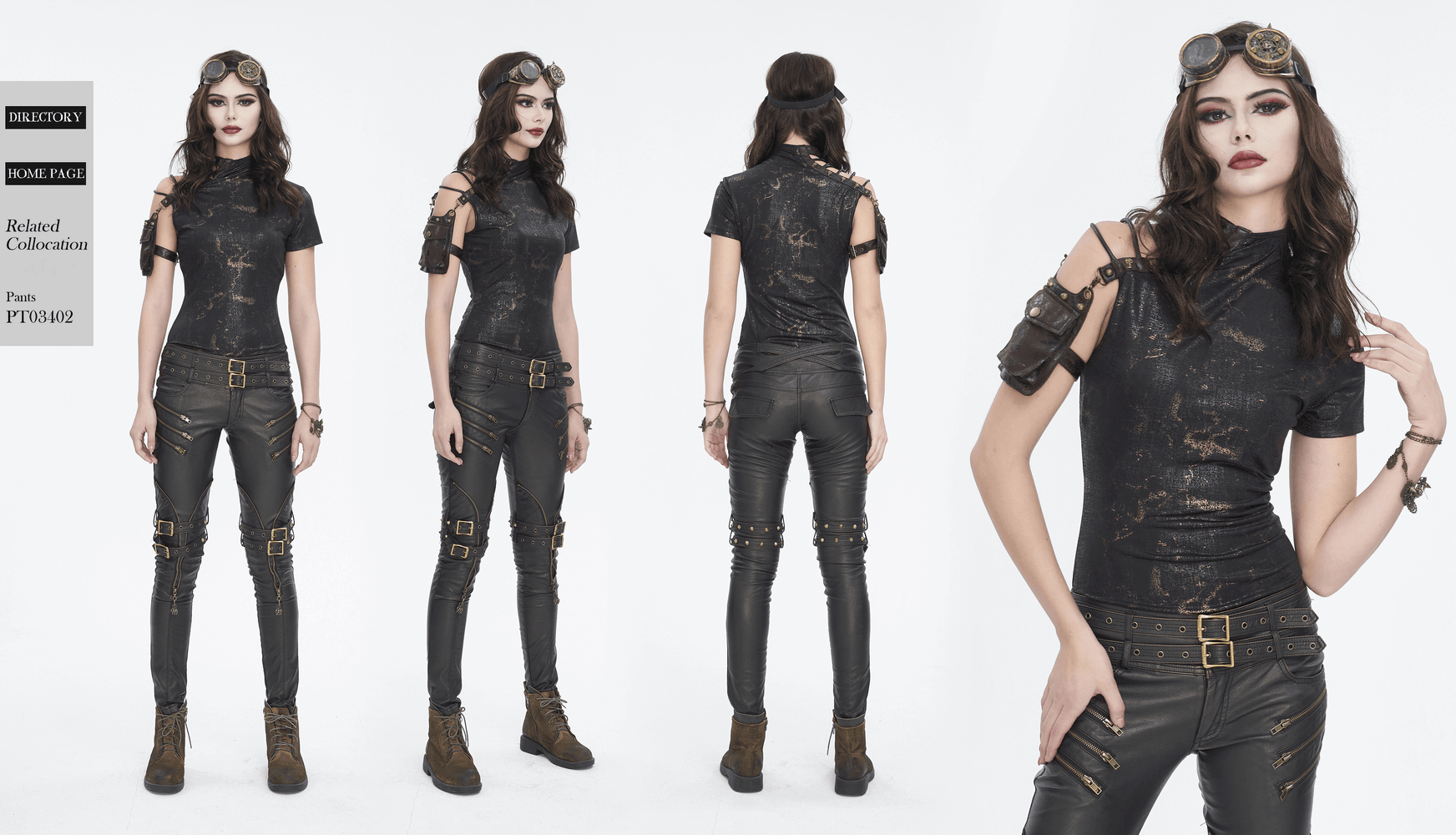 Edgy black t-shirt with gold print showcased on a model with stylish leather pants and accessories.