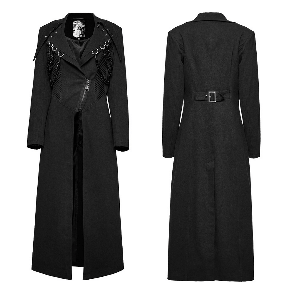 Edgy black trench coat featuring chains, D-buckles, and bold lapels for a punk-inspired look.
