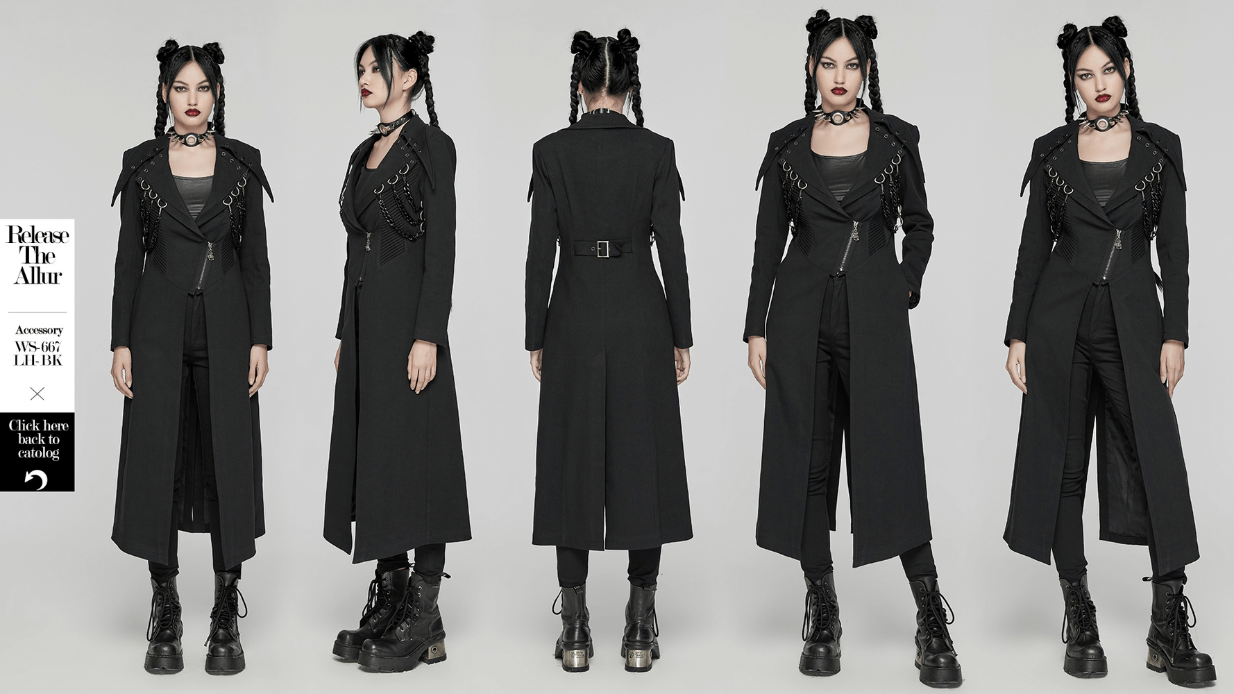 Edgy black trench coat with chains and D-buckles, styled for a punk aesthetic, showcasing a bold silhouette.