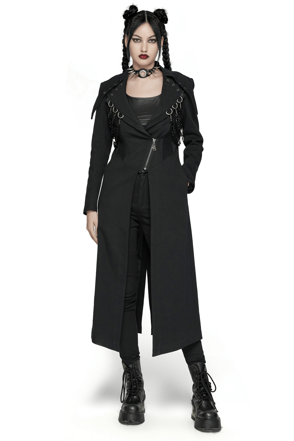 Edgy black trench coat with D-buckles and chains, featuring a punk vibe and bold lapels.