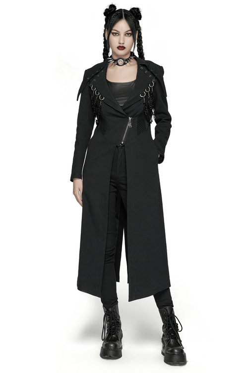 Trench-coat noir audacieux avec boucles en D et chaînes