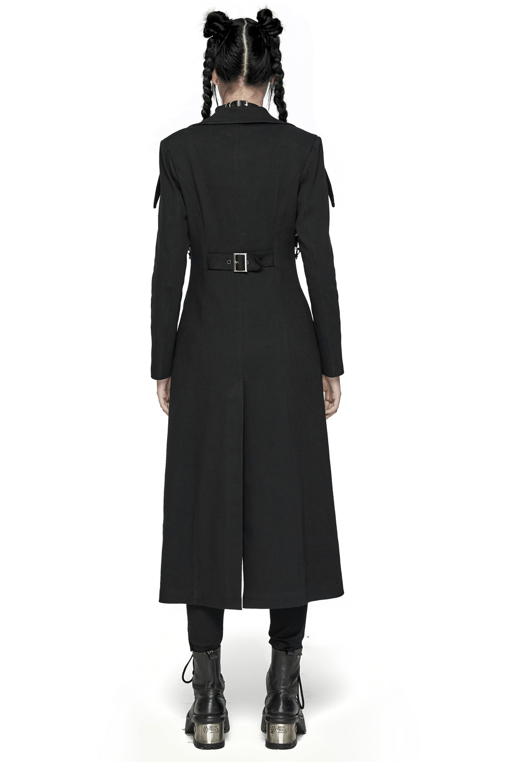 Back view of edgy black trench coat with D-buckles and chains, showcasing punk style and unique pleating.