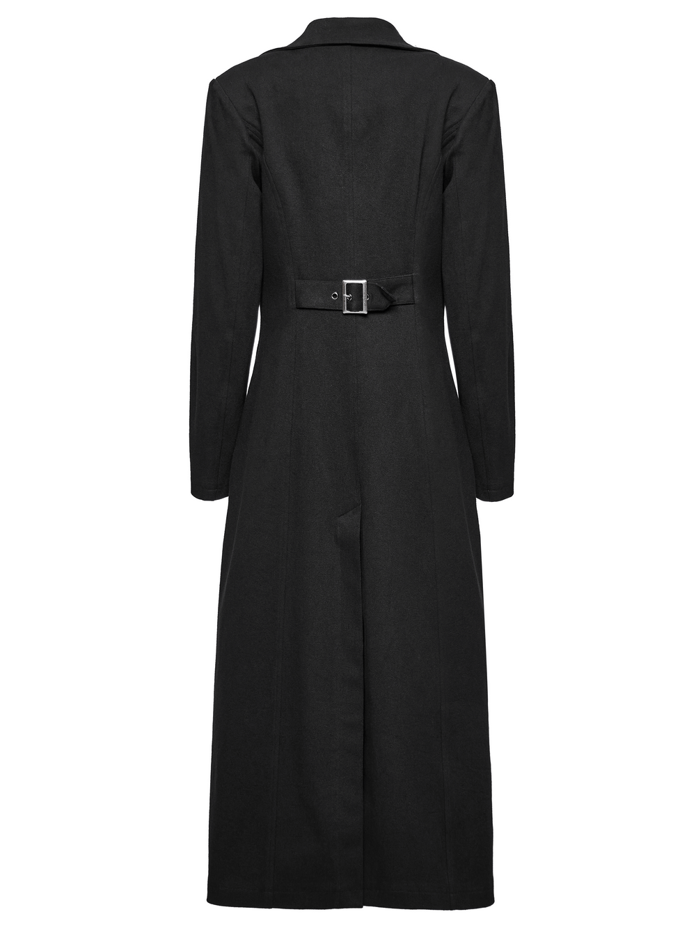 Back view of an edgy black trench coat featuring a belted waist and long design, perfect for a punk-inspired style.