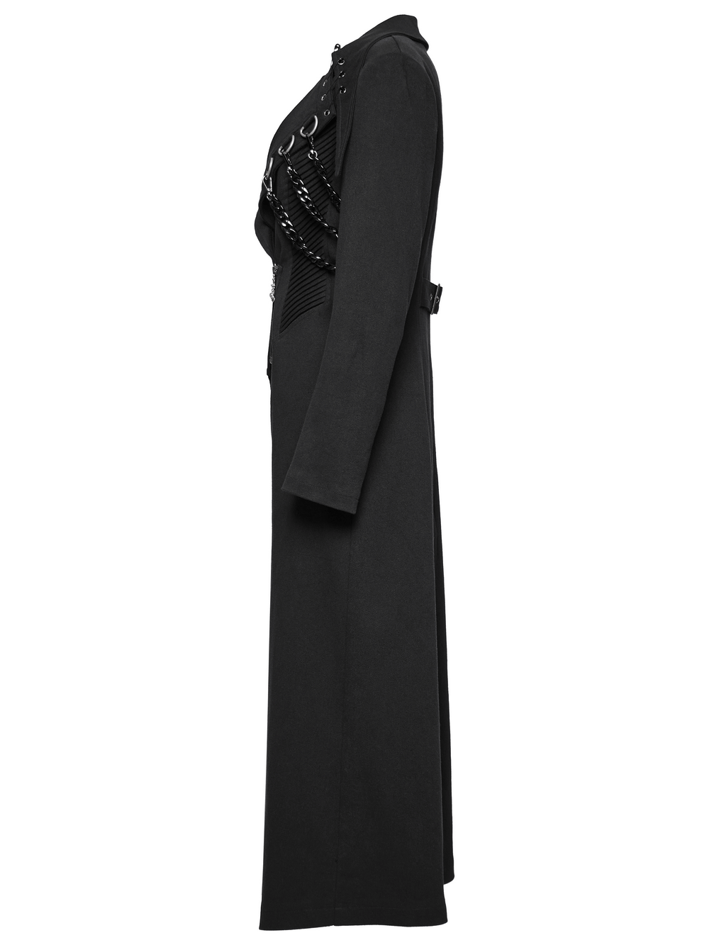 Edgy black trench coat with chains and buckles, showcasing bold lapels and structured silhouette from the side view.