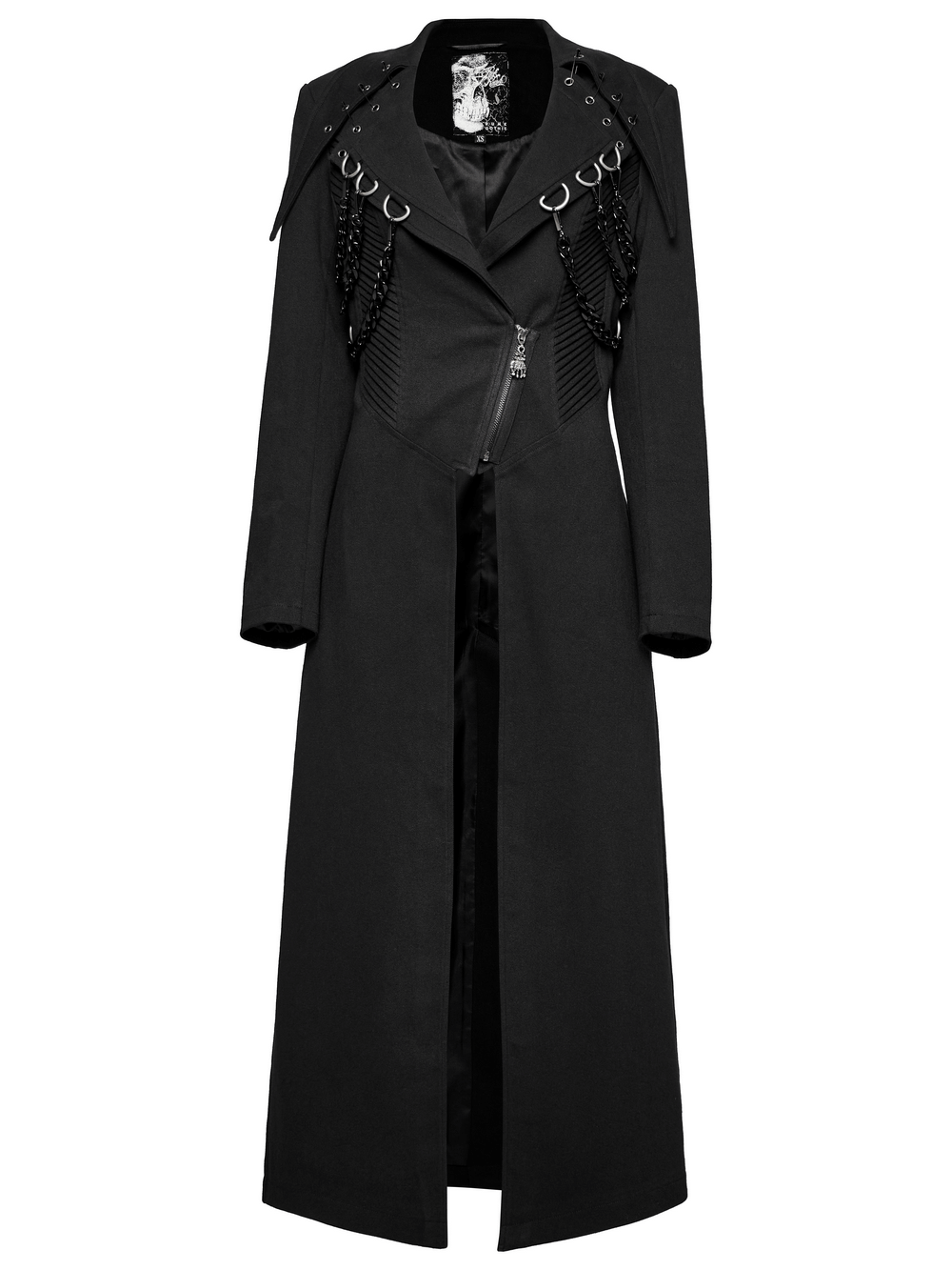 Edgy black trench coat with D-buckles, chains, and bold lapels for a punk-inspired style.