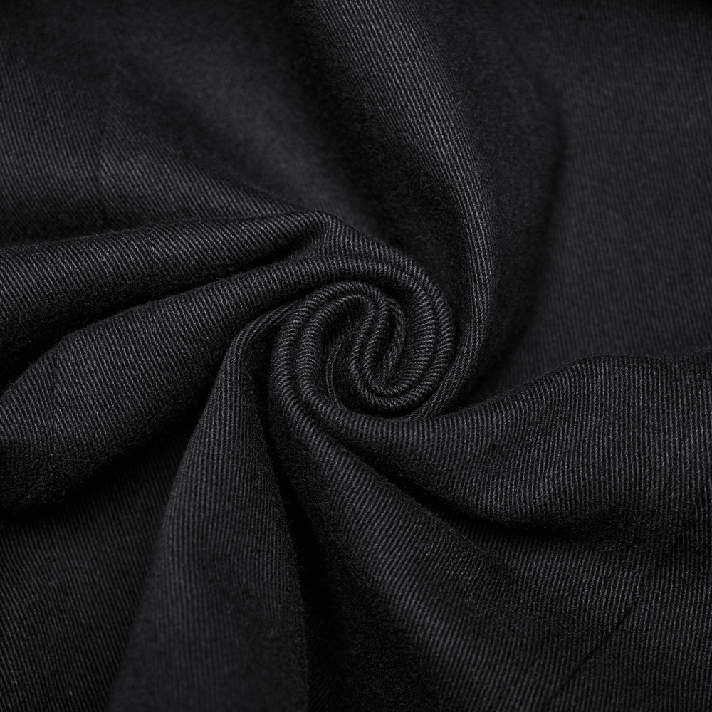 Close-up of luxurious black micro elastic twill fabric, perfect for a punk-inspired trench coat.