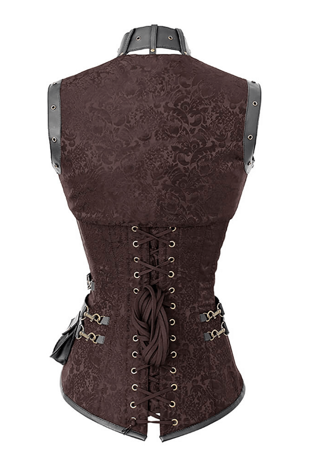 Alt Tag: Edgy Brown Overbust Corset with Shrug and Utility Pouch back view, Victorian steampunk vest with lace-up detailing and harness accents