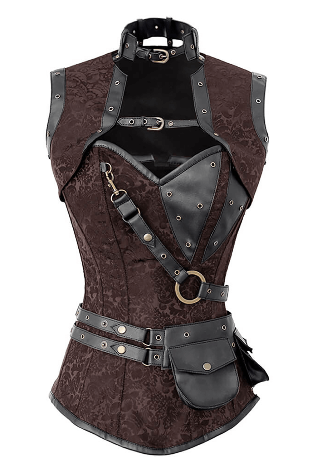 Alt Tag: Edgy Brown Overbust Corset with Shrug and Utility Pouch, Victorian steampunk corset vest with buckle collar, harness straps, steel boning