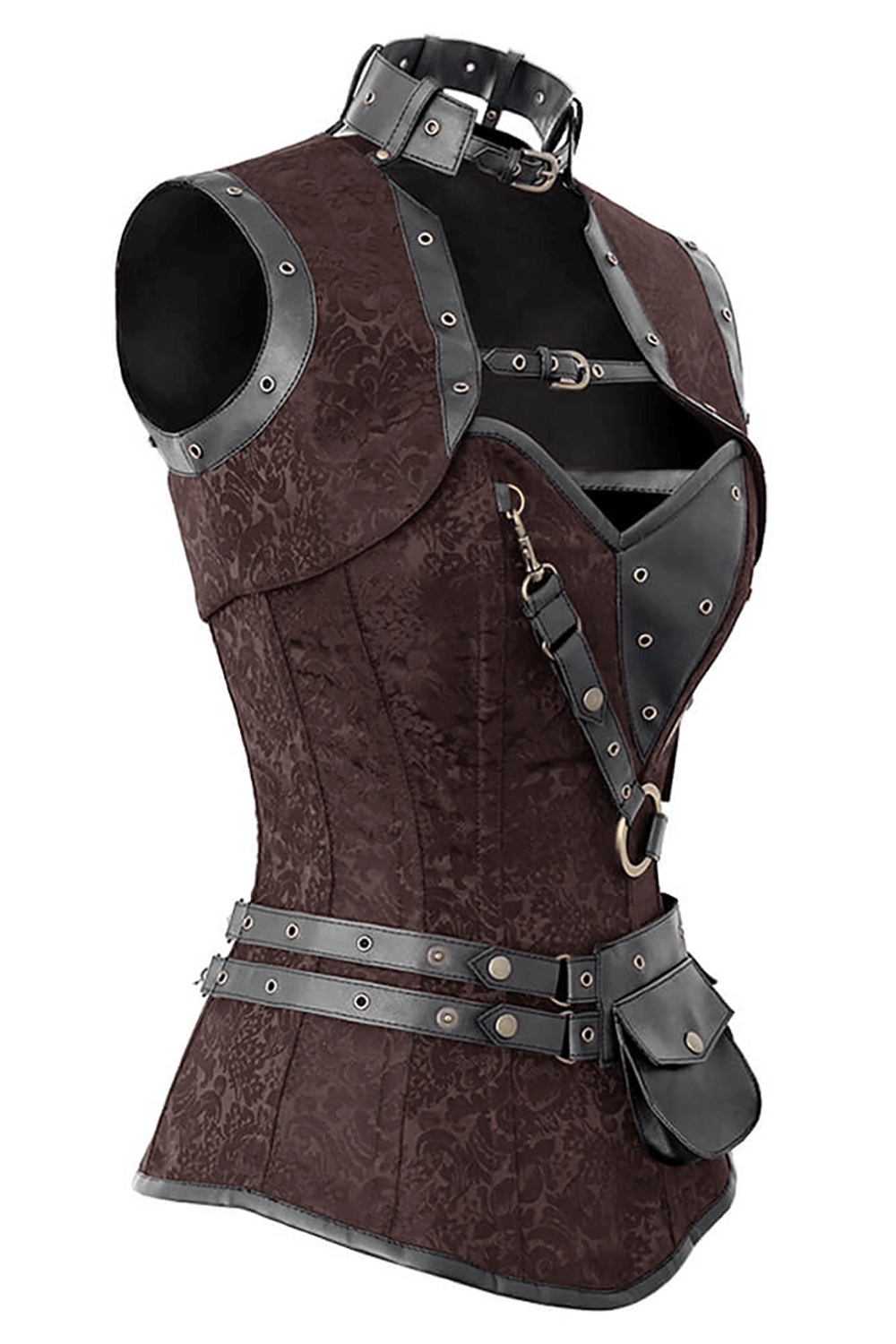 Alt Tag: Edgy Brown Overbust Corset with Shrug and Utility Pouch steampunk Victorian harness vest with buckle collar, rivets, steel boning