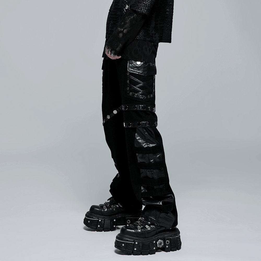 Edgy Buckled Cargo Denim Pants - Black Leather Accents
