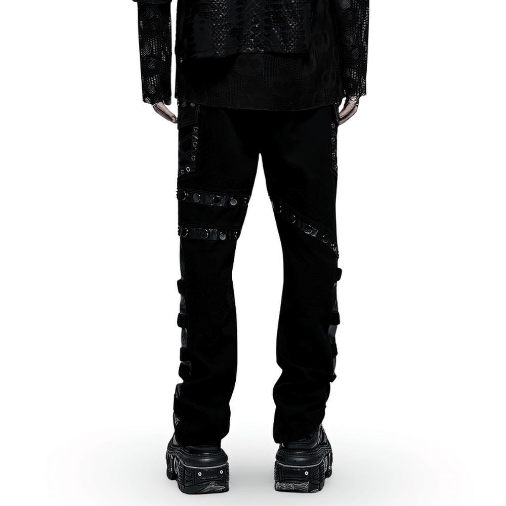 Edgy Buckled Cargo Denim Pants - Black Leather Accents